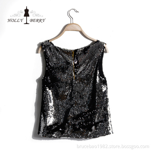 Summer Vogue Casual Short Deep V-neck Sleeveless Girls Sequins Black Vest Top